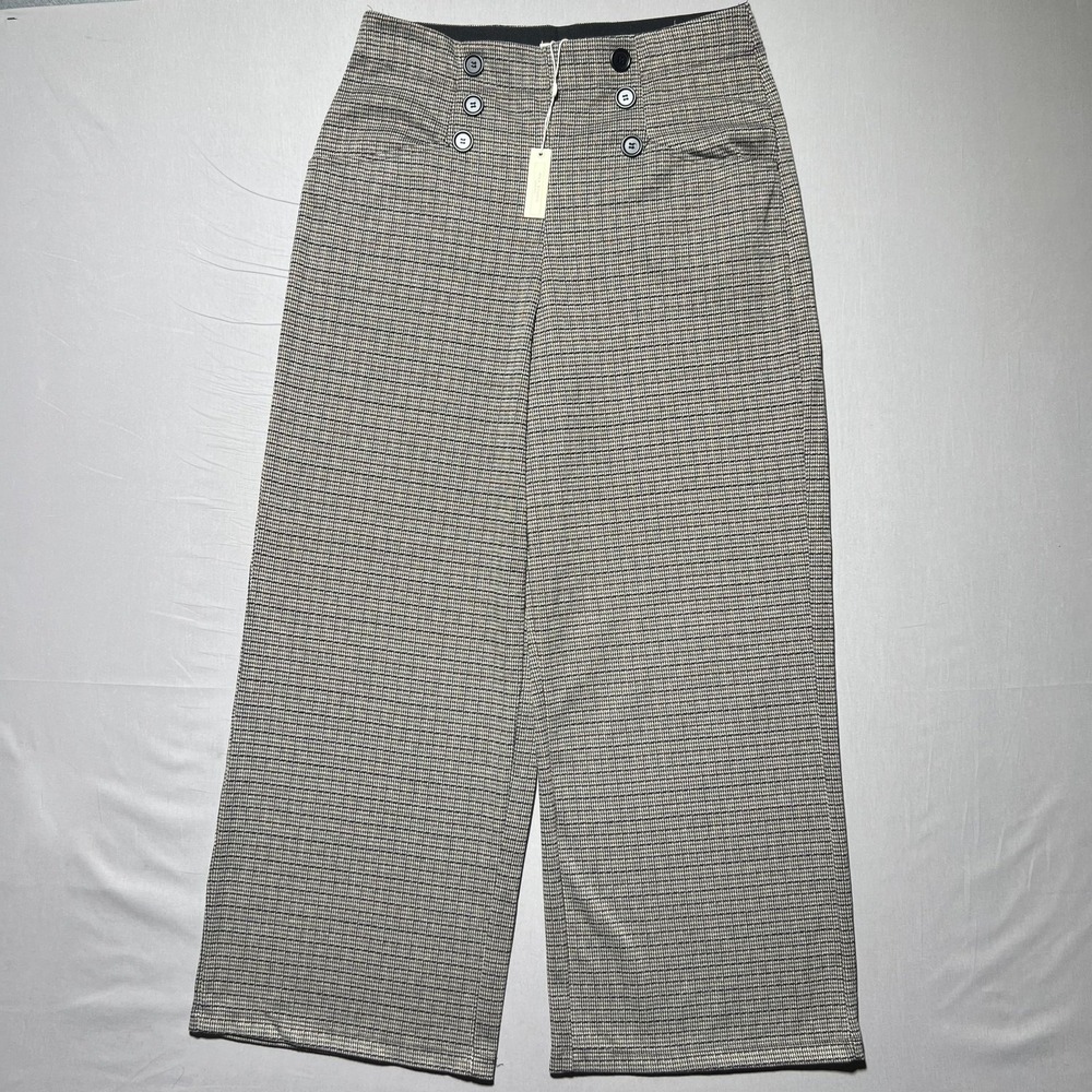Max Studio Pants Womens XL Black Brown Plaid Wide‎ Leg High Rise Button Flat